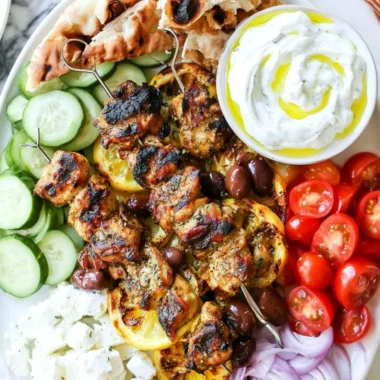 Grilled Greek chicken kabobs marinated in herbs and spices served on a platter.