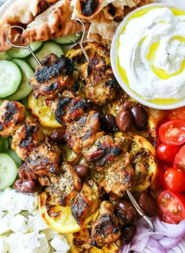 Grilled Greek chicken kabobs marinated in herbs and spices served on a platter.