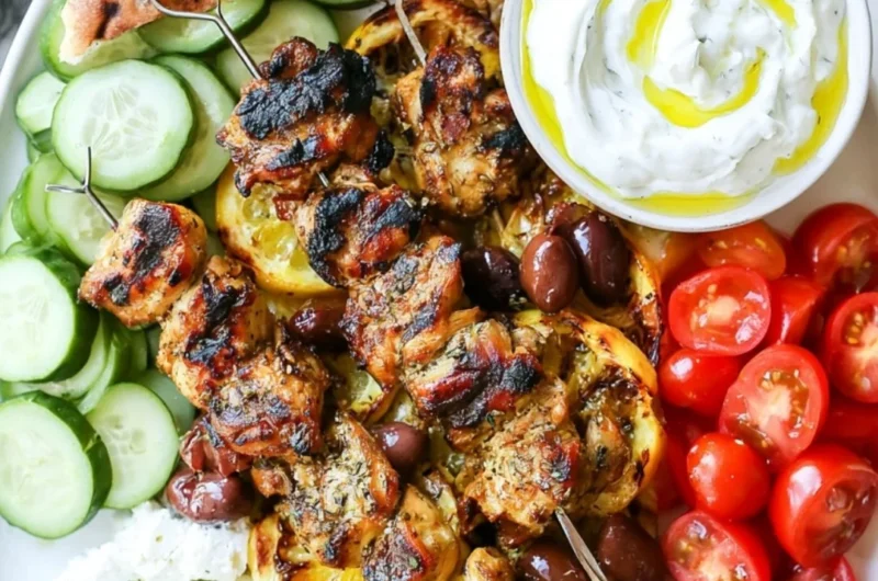 Grilled Greek chicken kabobs marinated in herbs and spices served on a platter.
