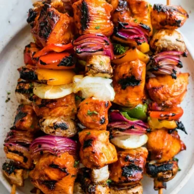 Flavorful grilled chicken kabobs with colorful vegetables on skewers