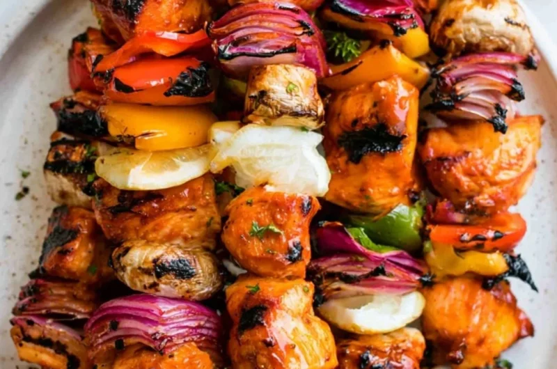 Flavorful grilled chicken kabobs with colorful vegetables on skewers