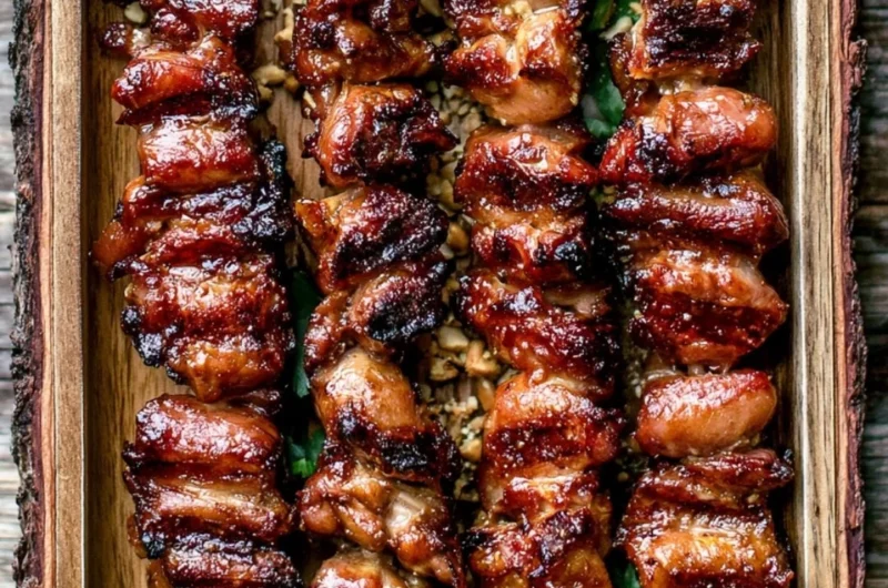 Grilled Thai Coconut Chicken Skewers on a platter with fresh herbs and lime.