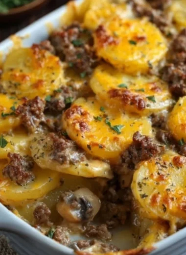 Delicious Hamburger Potato Casserole served in a baking dish