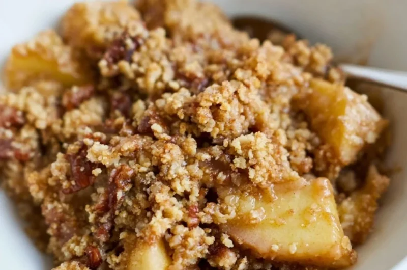 Healthy breakfast apple crumble topped with oats and fresh apples