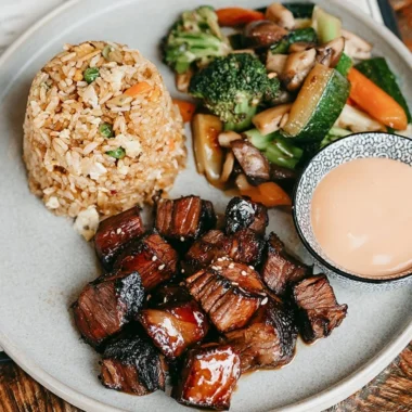 Perfectly grilled Hibachi Steak on a plate with colorful vegetables.