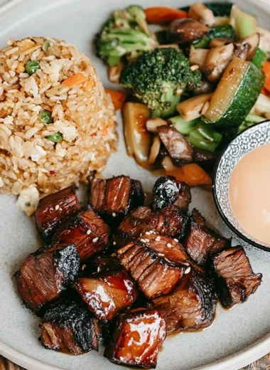 Perfectly grilled Hibachi Steak on a plate with colorful vegetables.