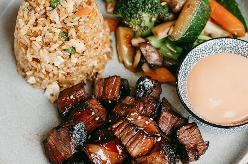 Perfectly grilled Hibachi Steak on a plate with colorful vegetables.