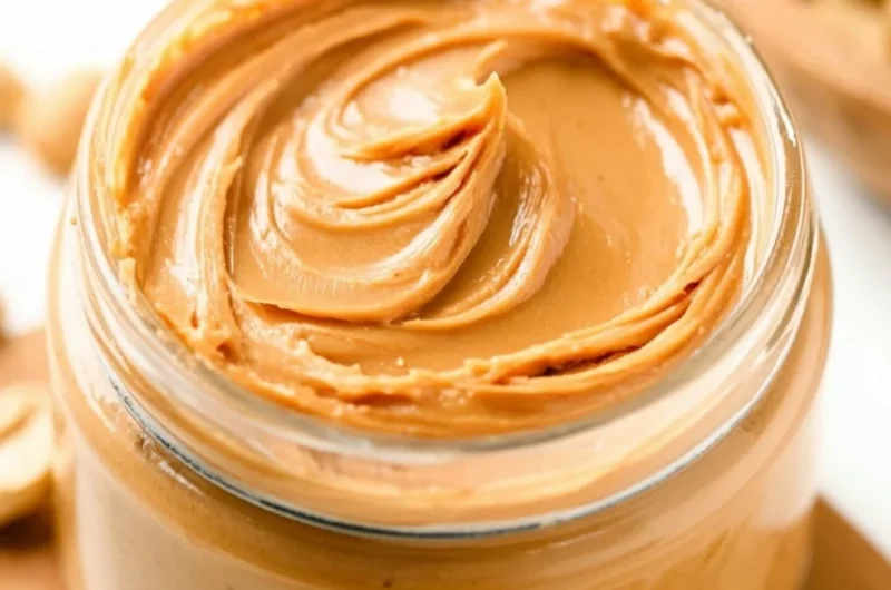 Homemade peanut butter spread with peanuts and a blender