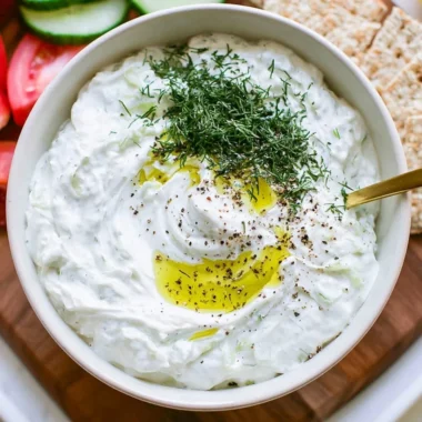 Bowl of homemade tzatziki sauce with fresh herbs and cucumbers