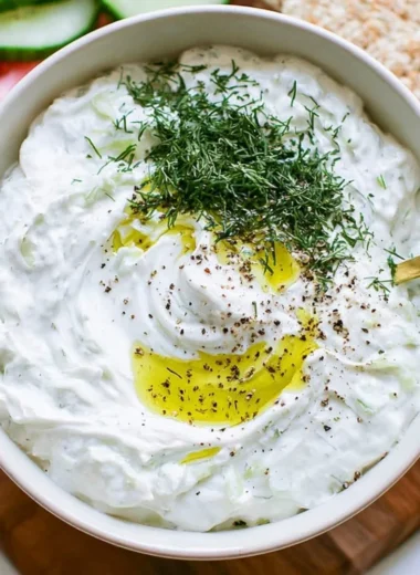 Bowl of homemade tzatziki sauce with fresh herbs and cucumbers