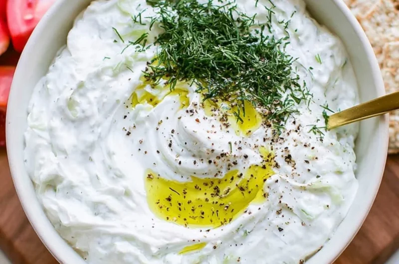 Bowl of homemade tzatziki sauce with fresh herbs and cucumbers