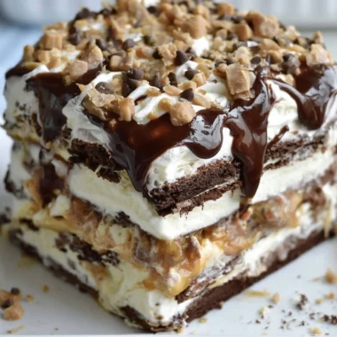 Deliciously layered Ice Cream Sandwich Cake with toppings and sprinkles