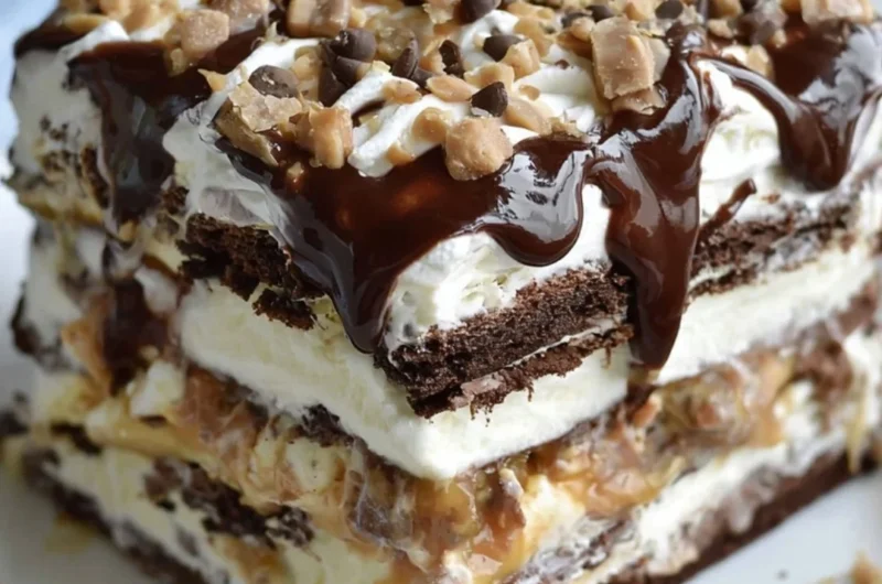 Deliciously layered Ice Cream Sandwich Cake with toppings and sprinkles