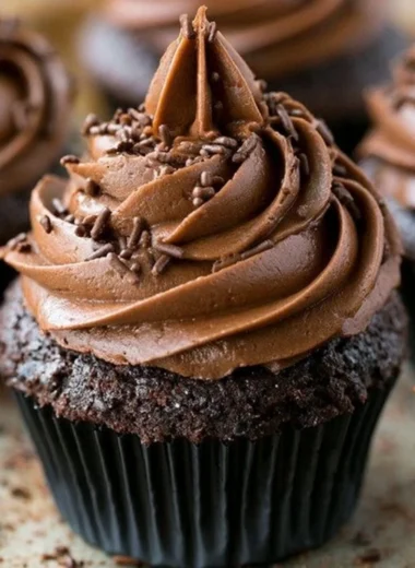 Moist chocolate cupcakes topped with creamy chocolate frosting