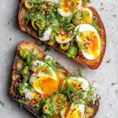 Nicoise Egg Salad Toast topped with olives, tomatoes, and greens.