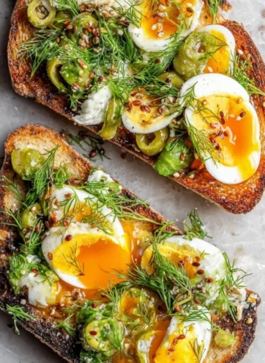 Nicoise Egg Salad Toast topped with olives, tomatoes, and greens.