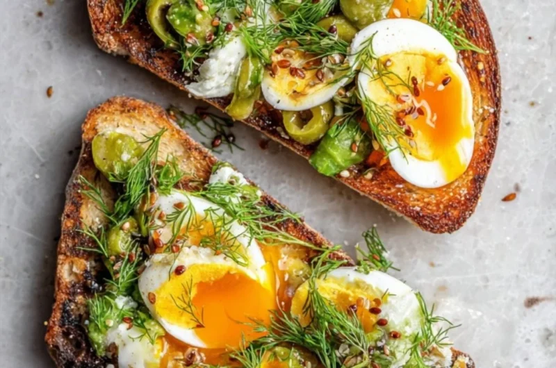 Nicoise Egg Salad Toast topped with olives, tomatoes, and greens.