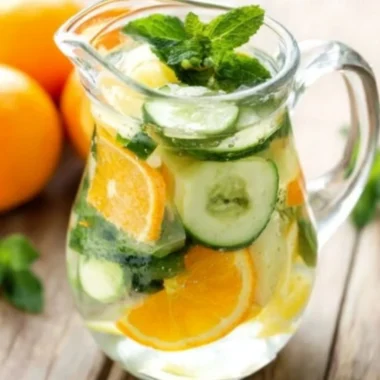 A refreshing glass of orange cucumber and mint water garnished with fresh mint leaves.