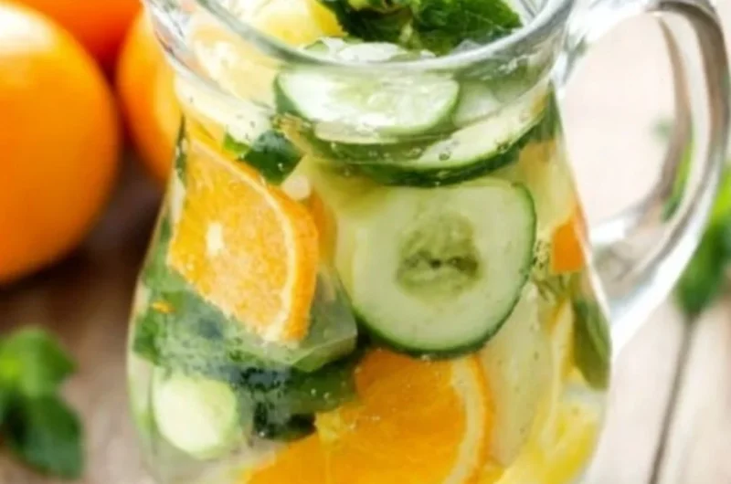 A refreshing glass of orange cucumber and mint water garnished with fresh mint leaves.