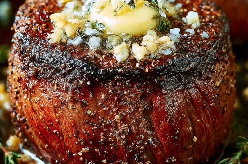 Perfectly cooked oven-baked filet mignon served on a plate