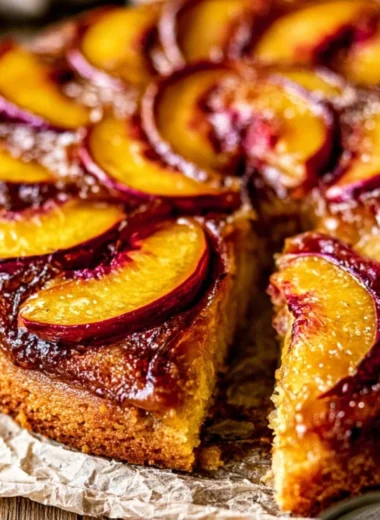Delicious Peach Upside-Down Cake with caramelized peaches on top