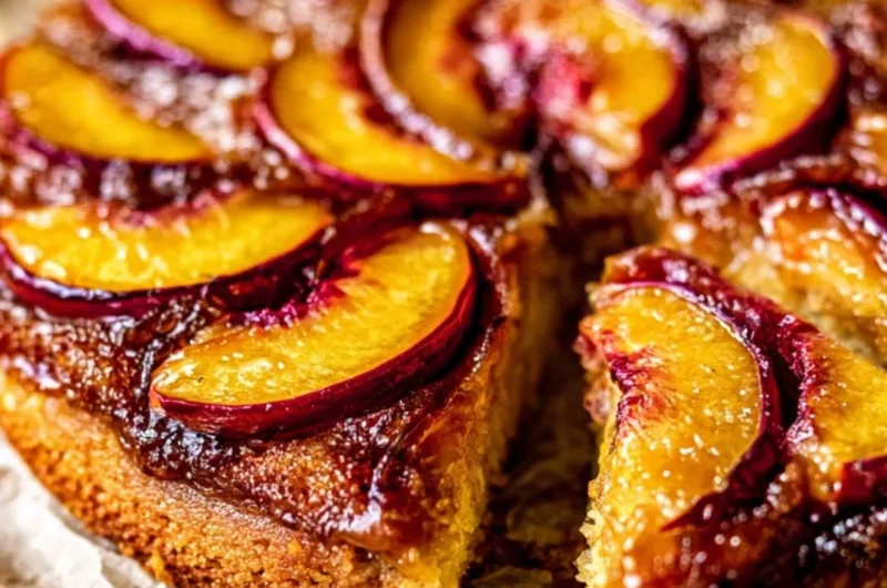Delicious Peach Upside-Down Cake with caramelized peaches on top