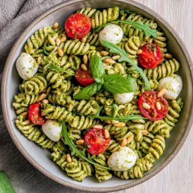 A colorful bowl of pesto pasta salad with fresh vegetables and herbs.