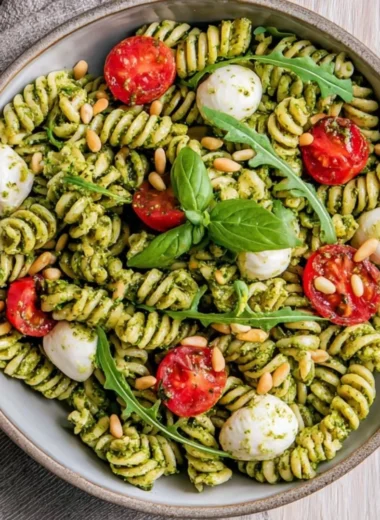 A colorful bowl of pesto pasta salad with fresh vegetables and herbs.