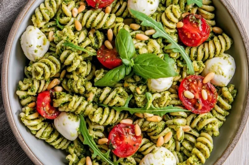A colorful bowl of pesto pasta salad with fresh vegetables and herbs.