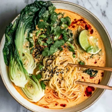 Plate of quick spicy coconut noodles garnished with herbs and chilies