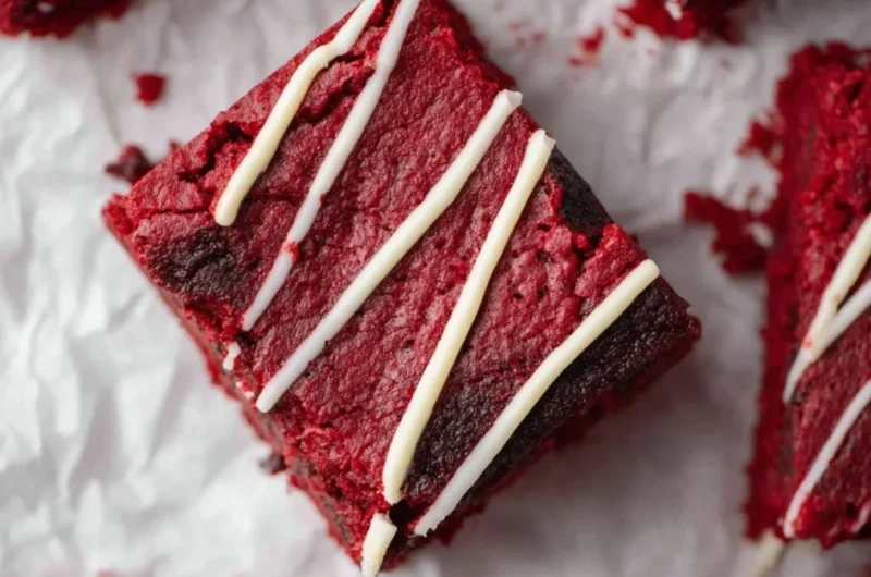 Delicious red velvet brownies topped with cream cheese frosting and chocolate drizzle.