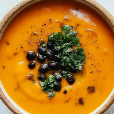 Bowl of roasted sweet potato and black bean soup topped with herbs.