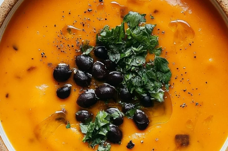 Bowl of roasted sweet potato and black bean soup topped with herbs.