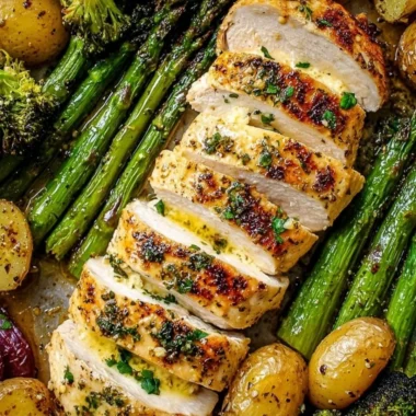 Sheet pan garlic butter chicken with roasted vegetables ready to serve.