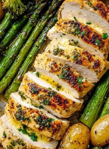 Sheet pan garlic butter chicken with roasted vegetables ready to serve.