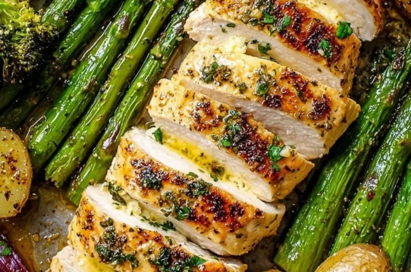 Sheet pan garlic butter chicken with roasted vegetables ready to serve.