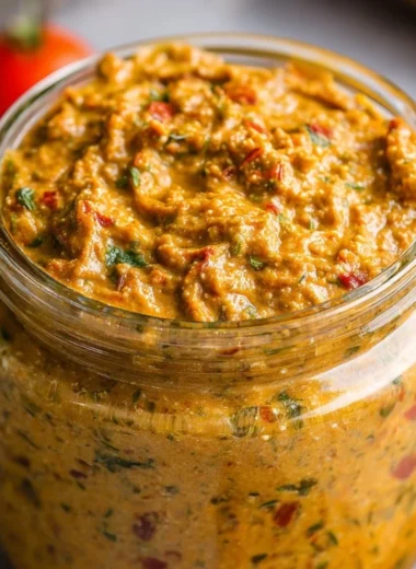 Bowl of Sicilian Tomato Pesto with fresh basil and olive oil