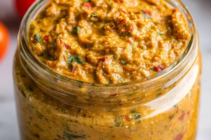 Bowl of Sicilian Tomato Pesto with fresh basil and olive oil