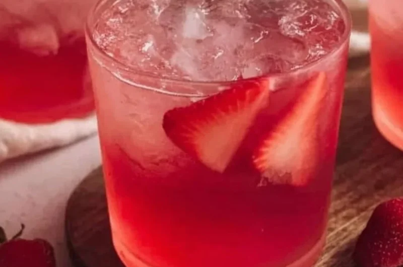 Glass of refreshing strawberry iced tea with fresh strawberries and mint leaves