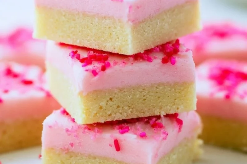 Delicious sugar cookie bars topped with frosting and sprinkles