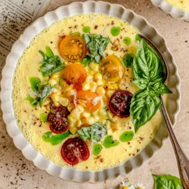 Bowl of vibrant Sweet Corn Gazpacho garnished with herbs and vegetables