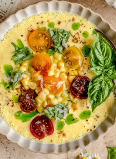 Bowl of vibrant Sweet Corn Gazpacho garnished with herbs and vegetables