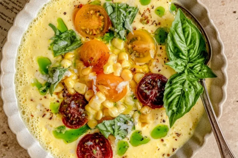 Bowl of vibrant Sweet Corn Gazpacho garnished with herbs and vegetables