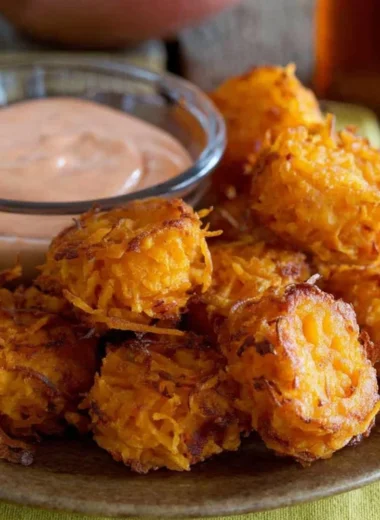 Bowl of crispy sweet potato tots served with dipping sauce.