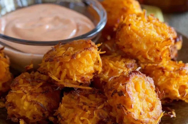 Bowl of crispy sweet potato tots served with dipping sauce.