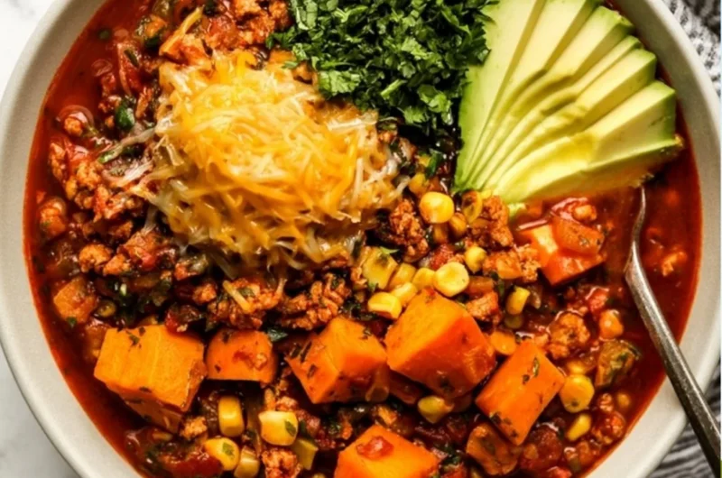 A bowl of sweet potato turkey chili topped with cilantro and served with crusty bread.