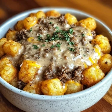 Tater Tot Breakfast Bowl topped with Sausage Gravy