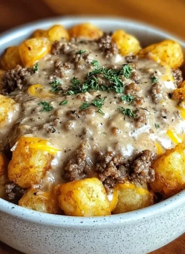 Tater Tot Breakfast Bowl topped with Sausage Gravy