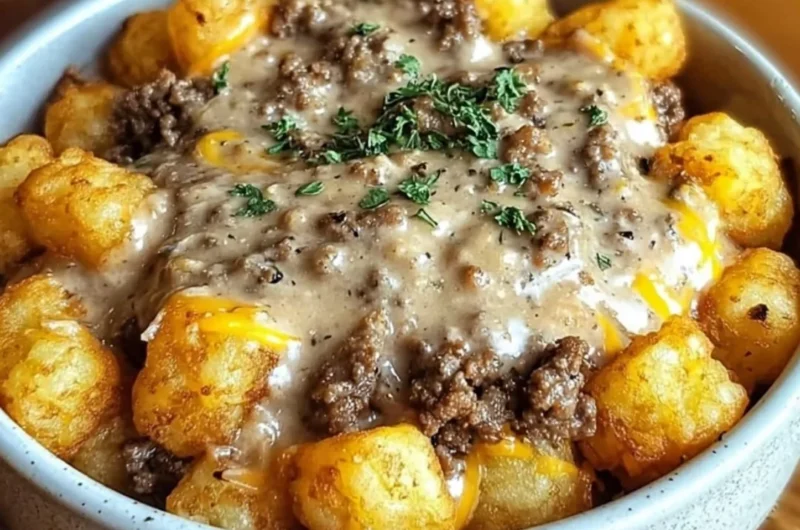 Tater Tot Breakfast Bowl topped with Sausage Gravy