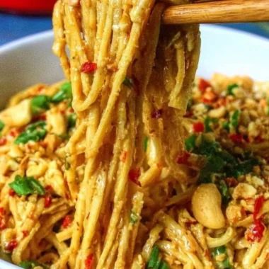 Delicious Thai peanut noodles topped with fresh herbs and vegetables